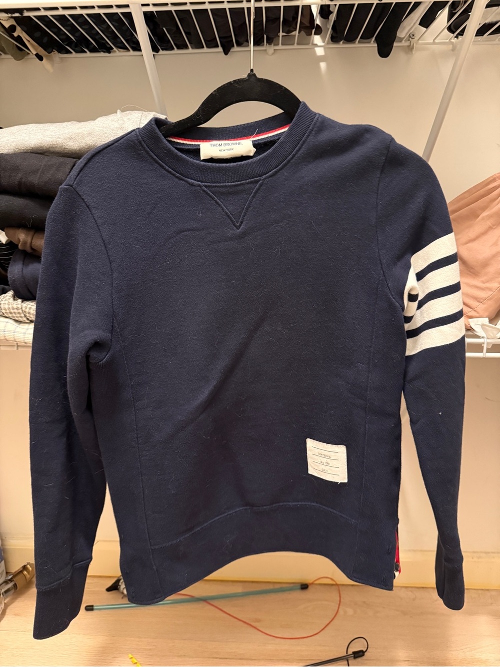 Thom Browne Women's Navy Crewneck Sweater with 4-bar